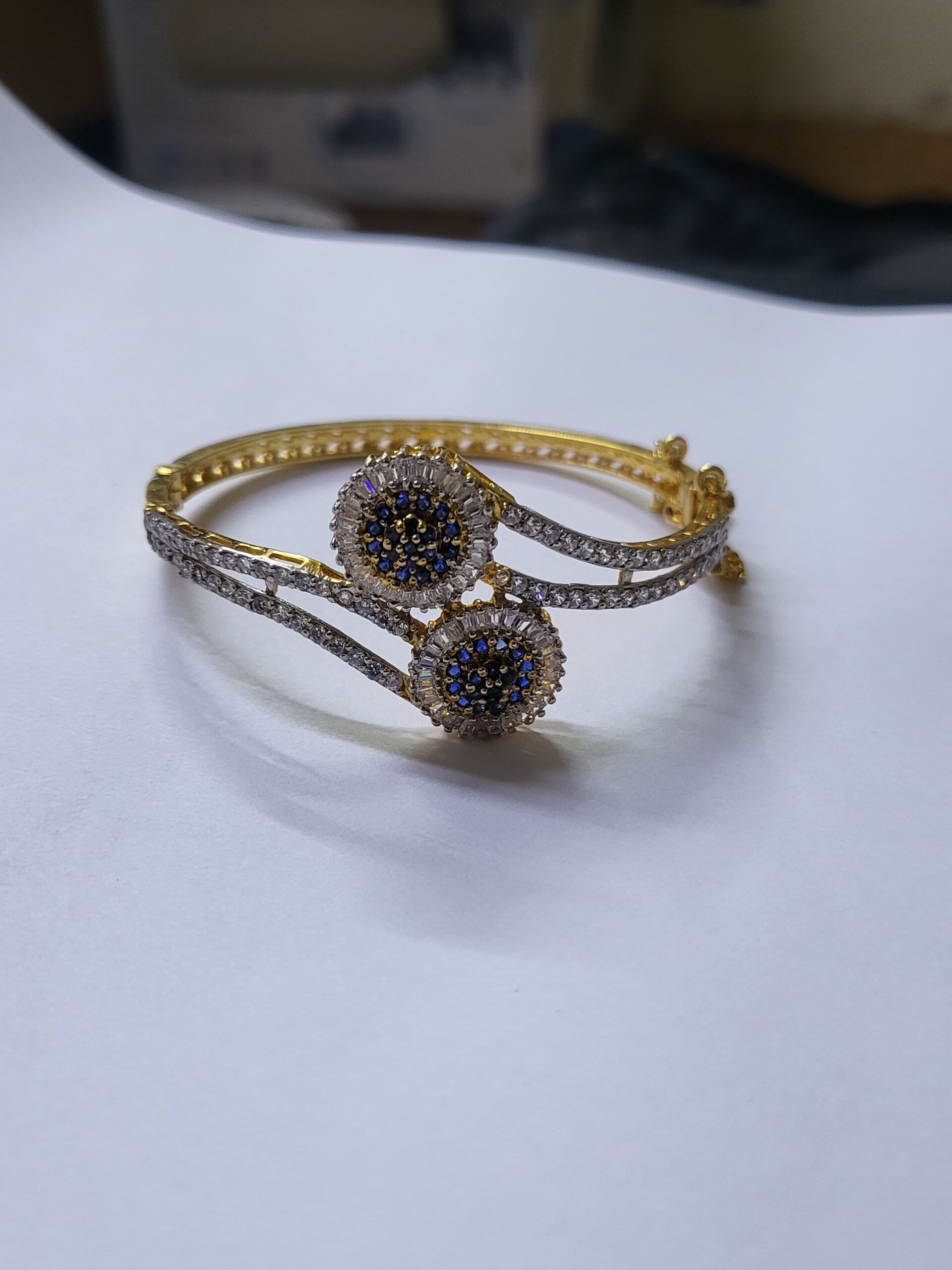 Blue Halo Elegance Bangle – Dual Circle Sapphire & White Zircon Bangle in Gold-Plated Sterling Silver | Big Jewellery - Image 1
