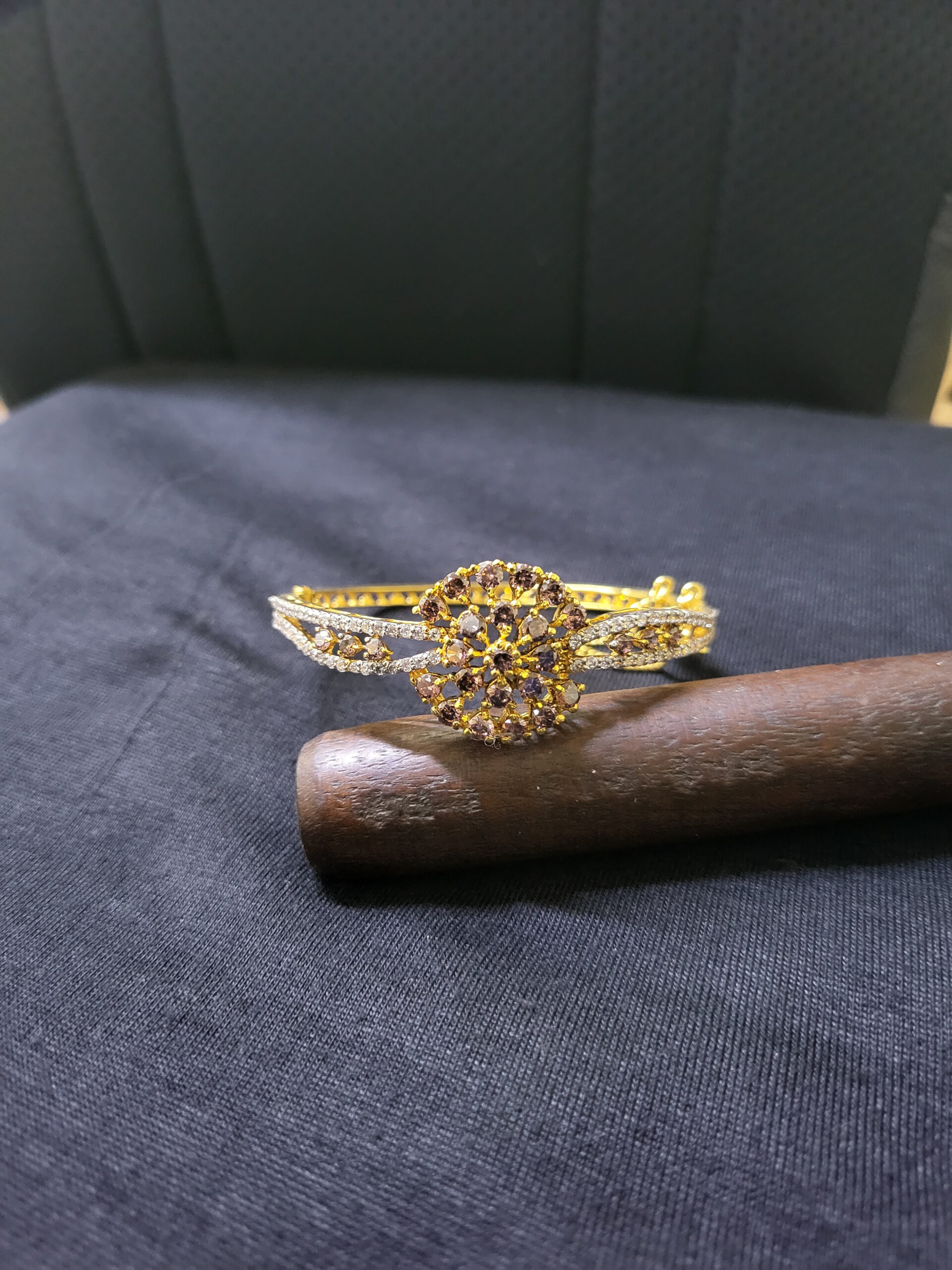 20250916_153218 Golden Blossom Bangle – Gold-Plated Sterling Silver Bangle with Champagne Zircon Floral Cluster | Big Jewellery - Image 1