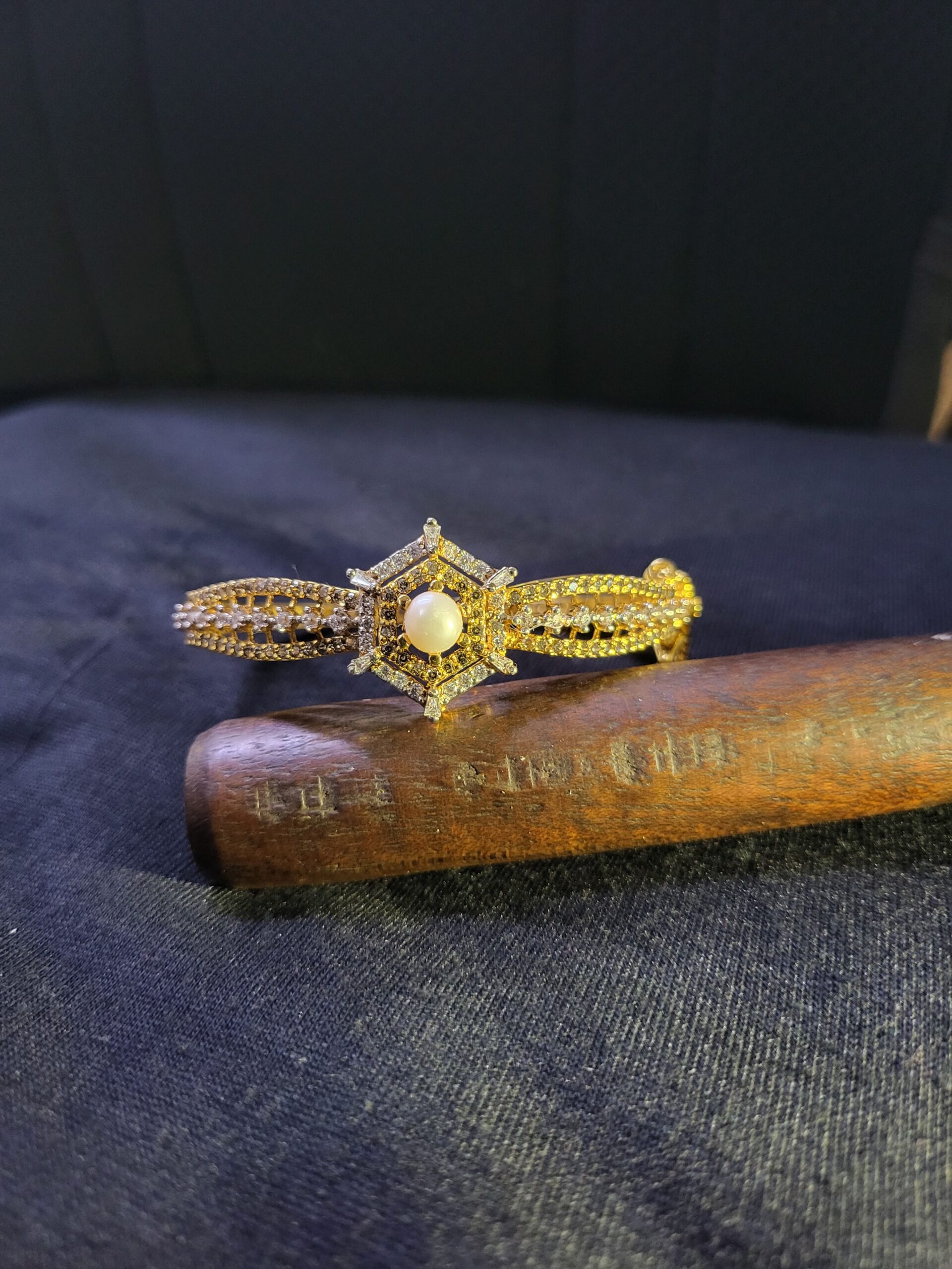 Lustrous Pearl Hexa Bangle – Gold-Plated Sterling Silver Bangle with Pearl & Clear Zircons | Big Jewellery - Image 1