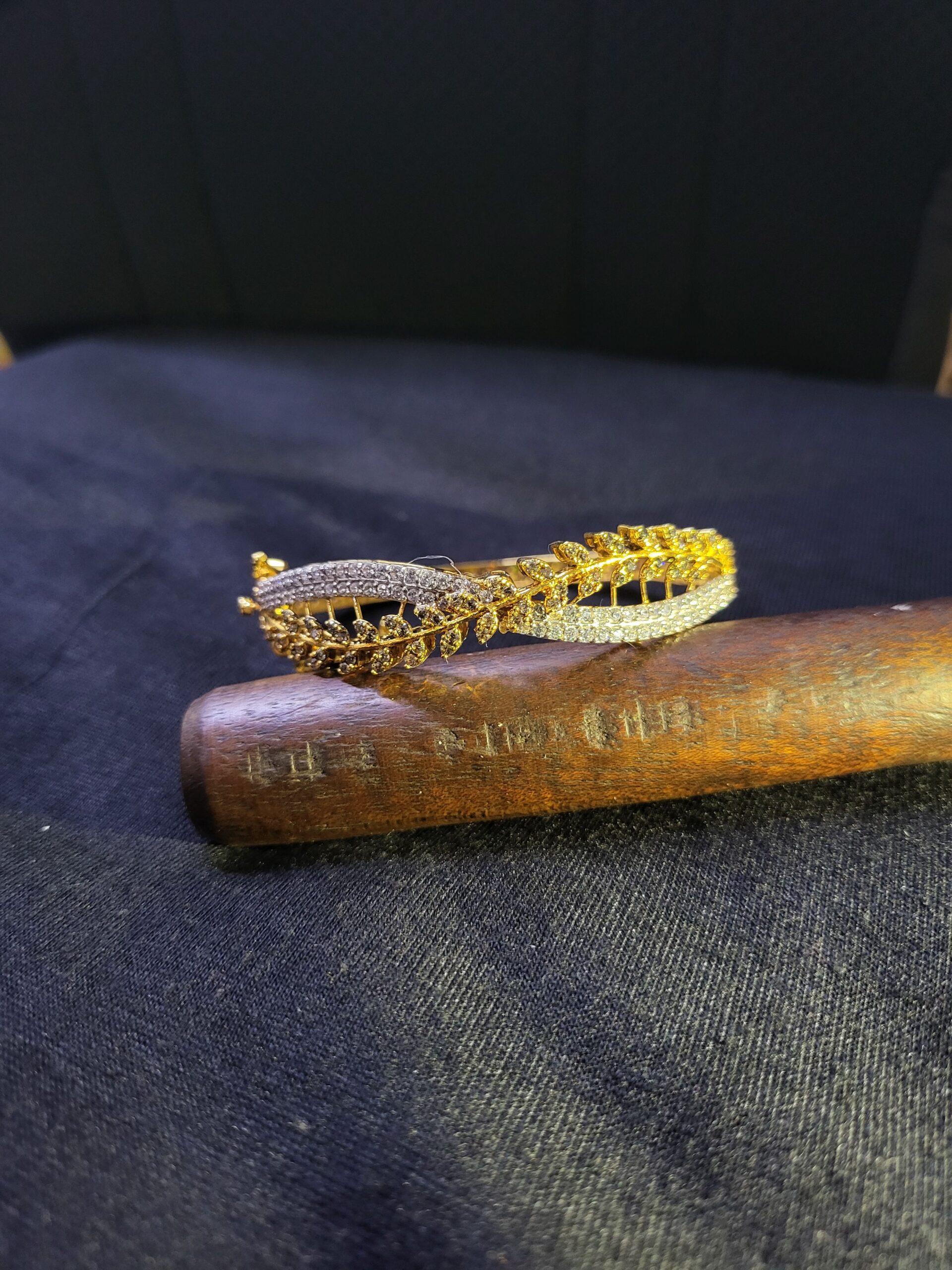 Golden Leaf Whisper Bangle – Gold-Plated Sterling Silver Bangle with Dual Zircon Leaf Design | Big Jewellery - Image 1