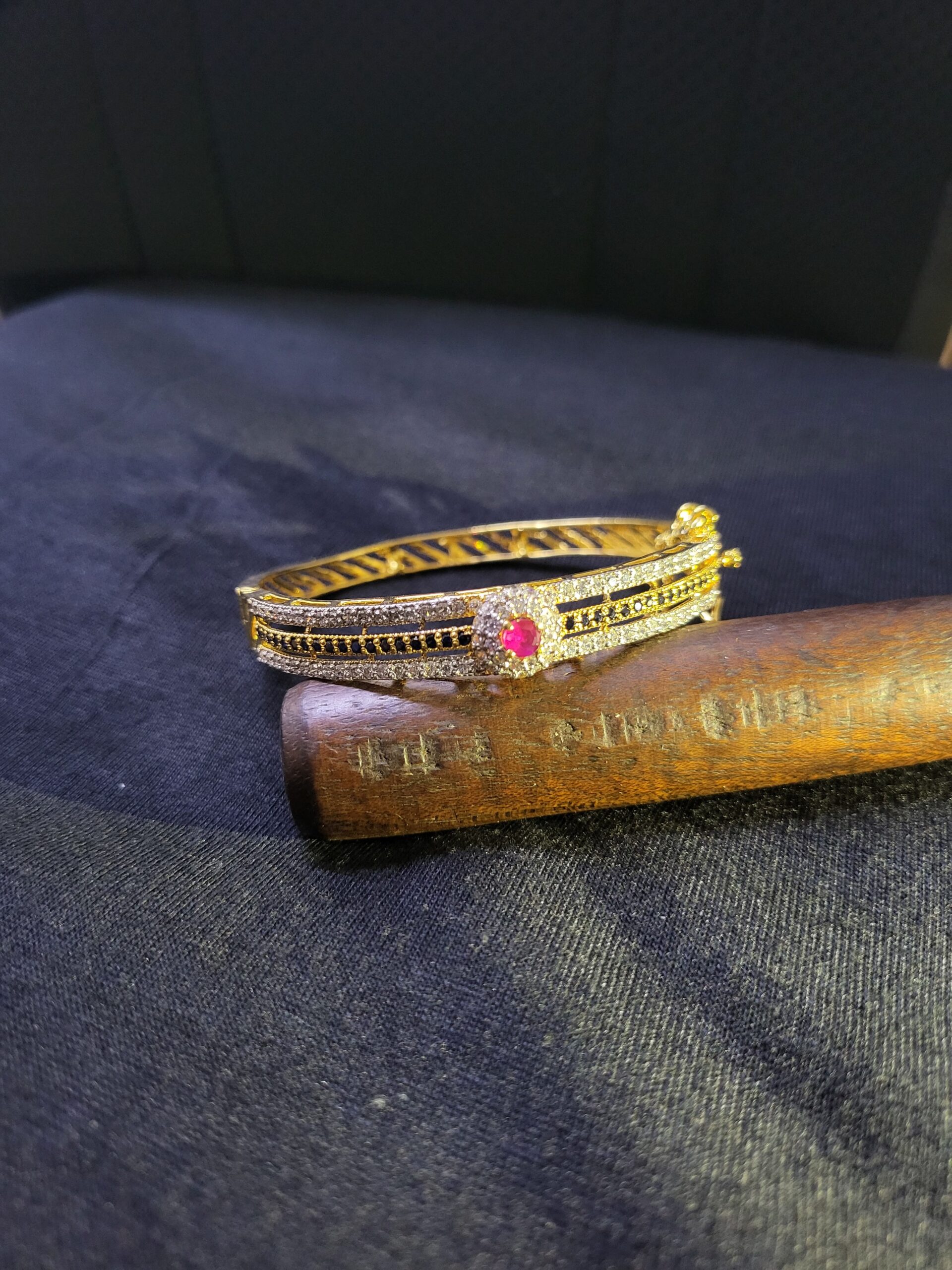 Scarlet Grace Bangle – Gold-Plated Sterling Silver Bangle with Ruby Center and Black Zircon Detailing | Big Jewellery - Image 1