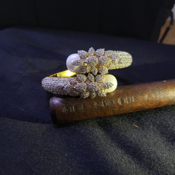 Pearl Blossom Bangle – Gold-Plated Sterling Silver Floral Bangle with Dual Pearls & Zircon Petals | Big Jewellery