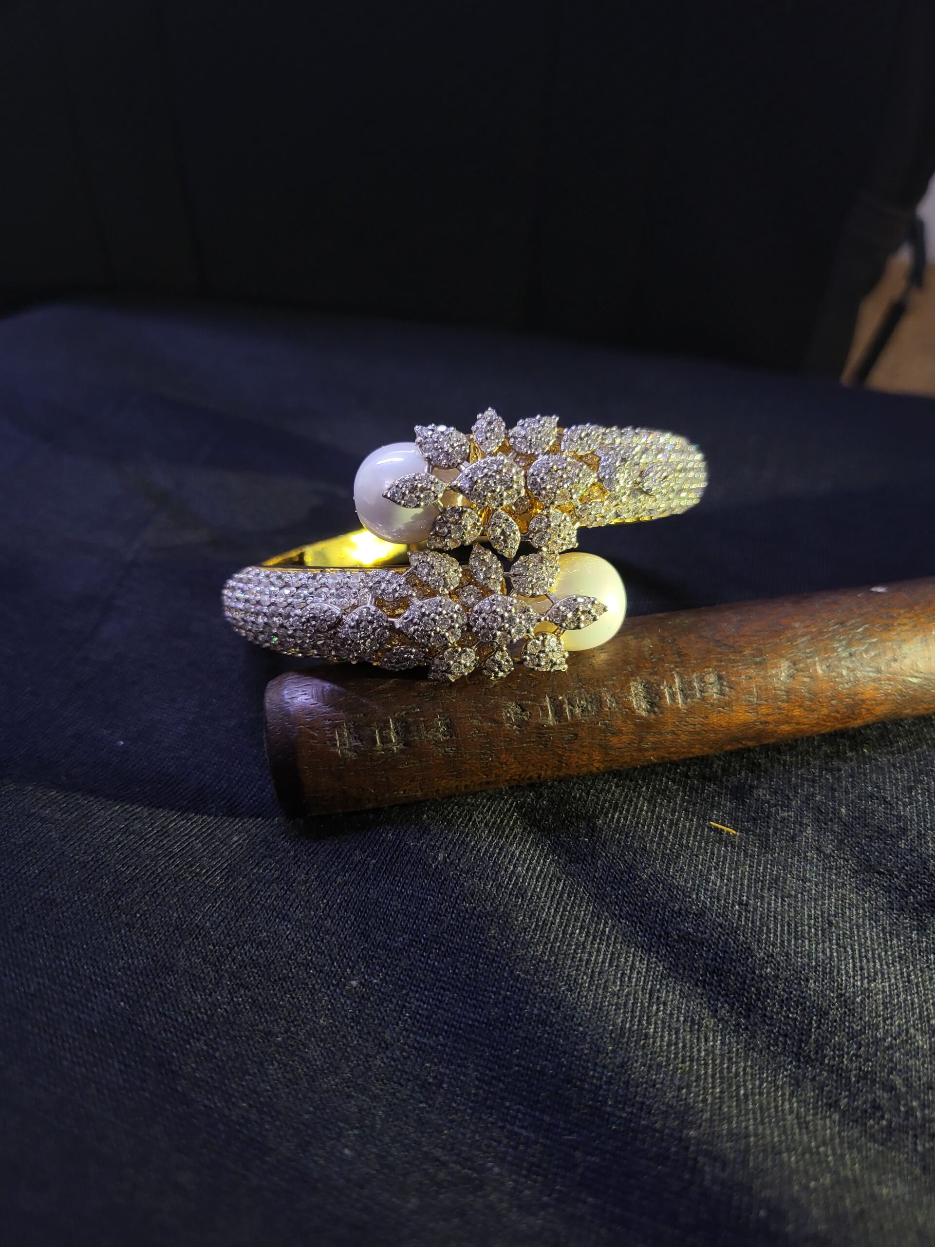 Pearl Blossom Bangle – Gold-Plated Sterling Silver Floral Bangle with Dual Pearls & Zircon Petals | Big Jewellery - Image 1