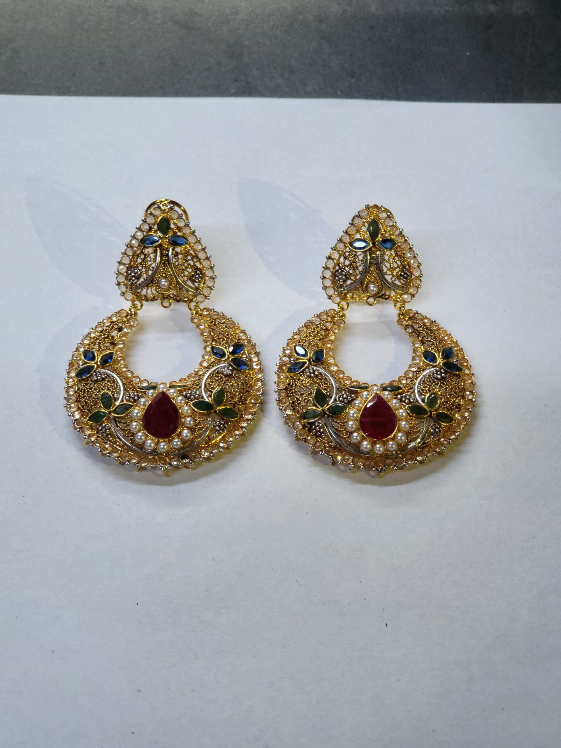Kundan Carved Bali Jhumka – Gold-Plated Sterling Silver Earrings with Red and Green Onyx Droplets & Pearls | Big Jewellery - Image 1