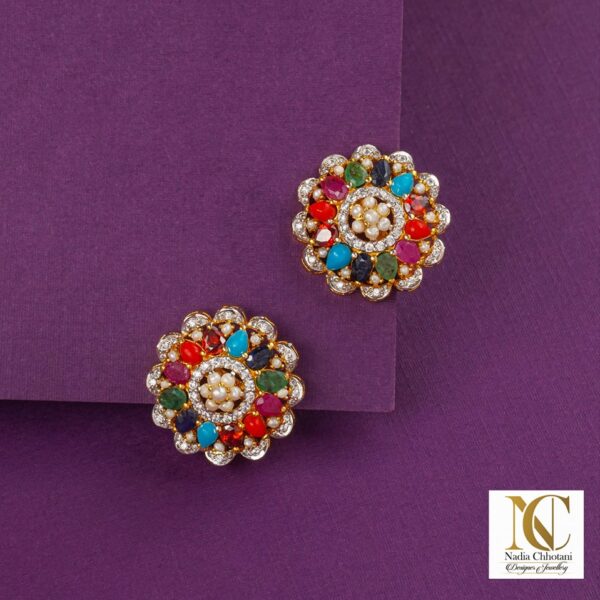 Royal Navratna Floral Stud Earrings – Multicolor Gemstone Cluster with Pearls & Gold Polish | Big Jewellery