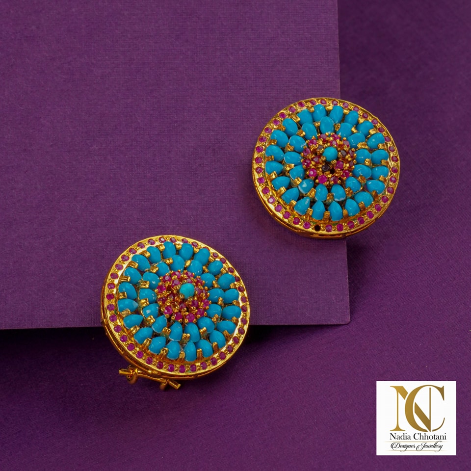 Turquoise Blossom Stud Earrings – Blue Gemstone Circle Design with Ruby Accents | Big Jewellery - Image 1