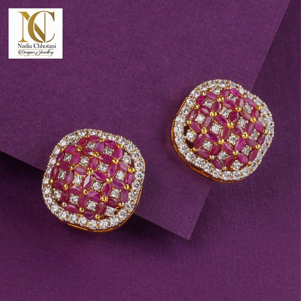Ruby Lattice Cushion Stud Earrings – Gold Plated Square Floral Design with White Zircon Border | Big Jewellery - Image 1
