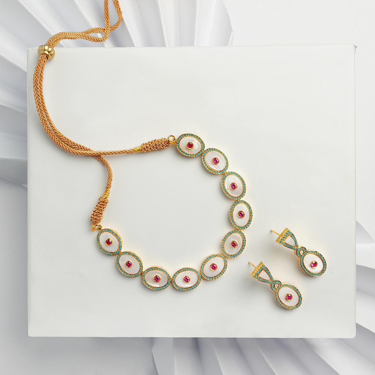 Royal Enamel Pearl Set – Ruby & Emerald Accented Necklace with Matching Earrings | Big Jewellery - Image 1