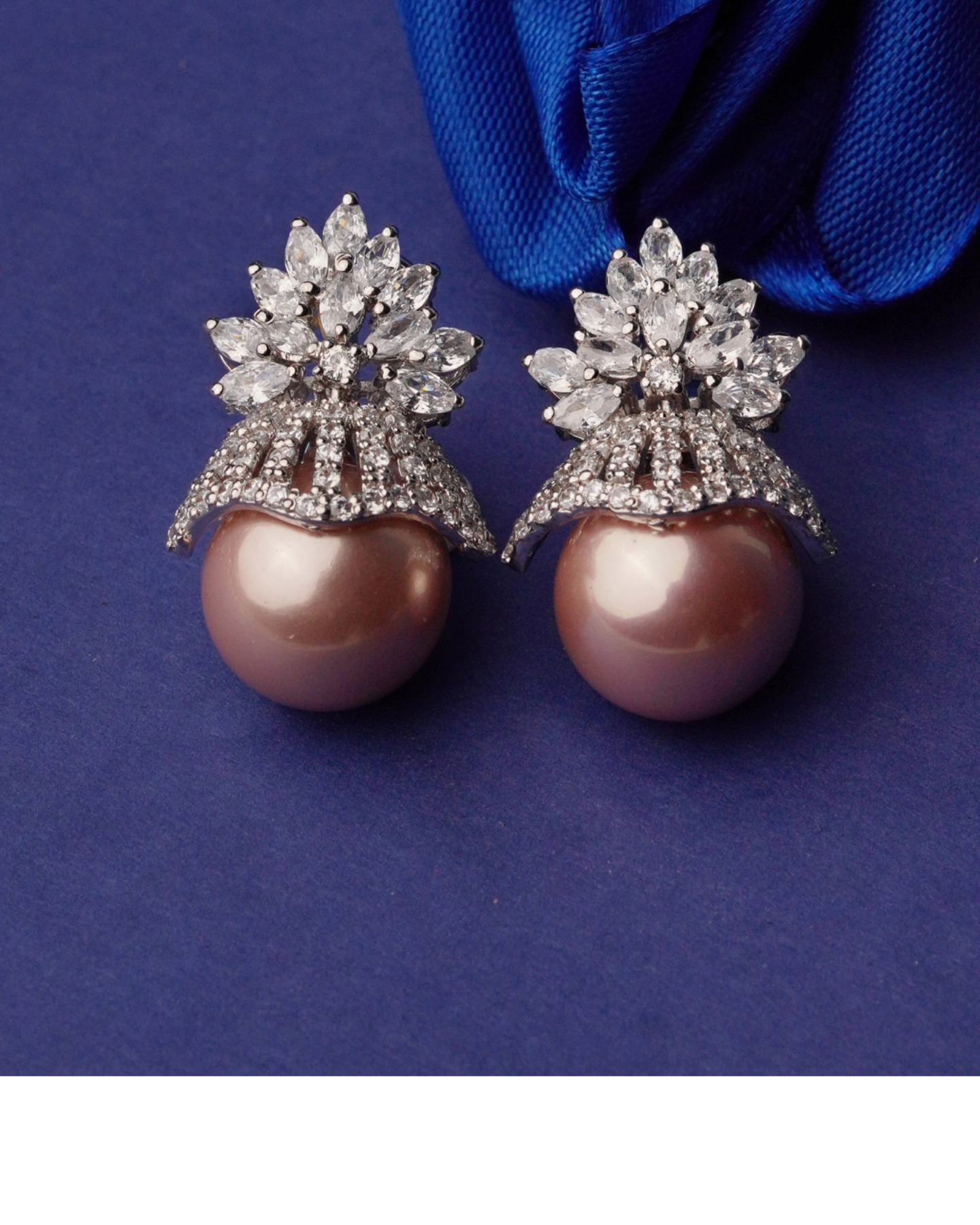 Lavender Pearl Elegance Earrings – Silver-Plated Floral Design with White Zircon Leaves | Big Jewellery - Image 1