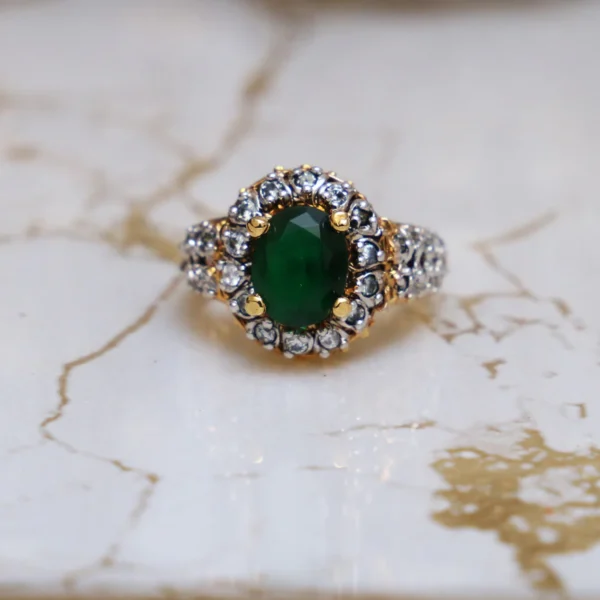 Emerald GJ Ring – Gold & Rhodium-Plated Sterling Silver Ring with Jadeite and Clear Zircons