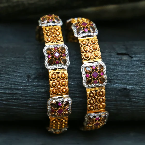 Gold and Rubystar Karai – Handcrafted Sterling Silver Bangles with Treated Rubies, Dual-Tone Finish & Star Motif Design