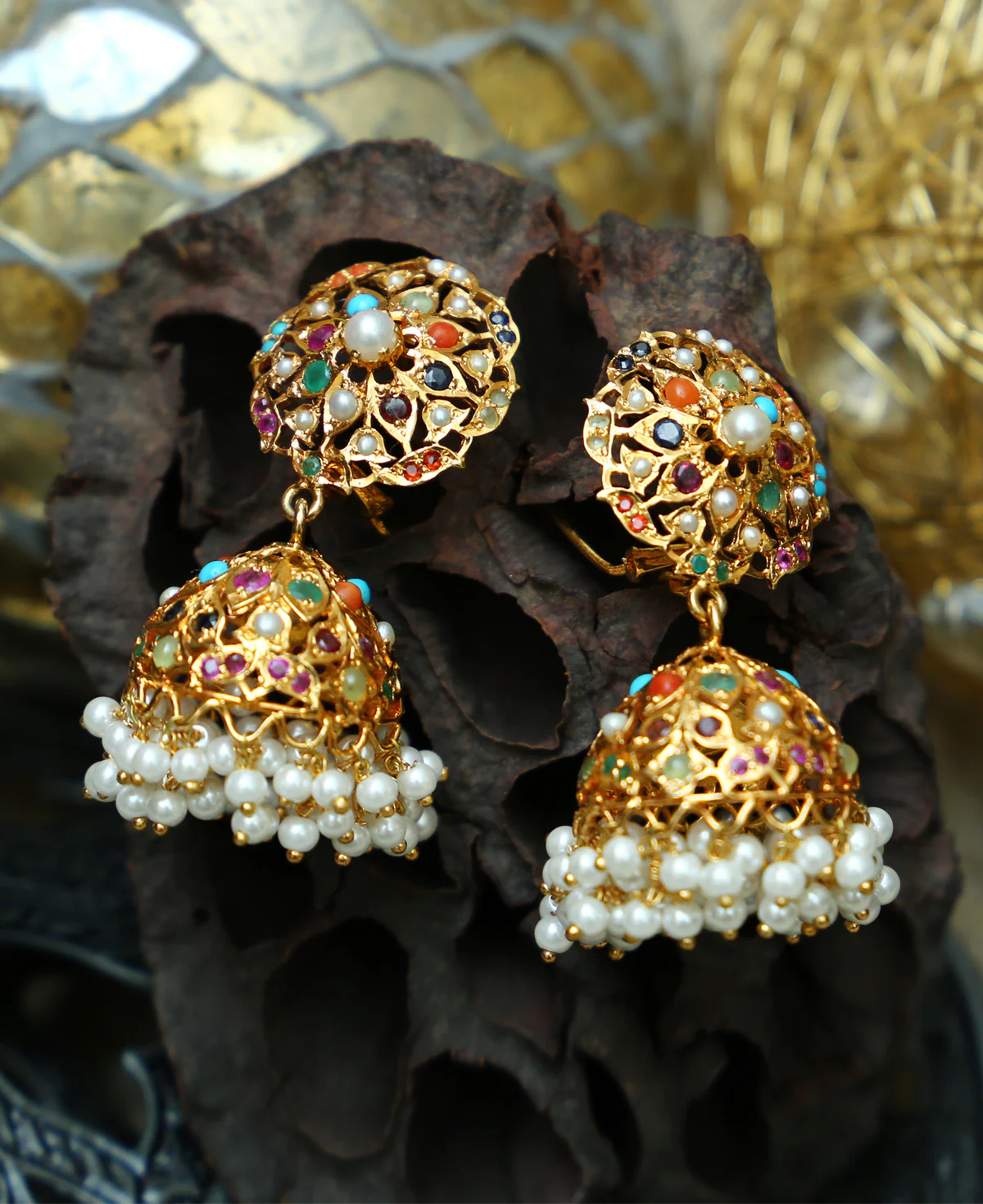 Hyderabadi Naurattan Jhumkas Hyderabadi Naurattan Jhumkas – Handcrafted Gold-Plated Sterling Silver Earrings with Real Naurattan Stones & Cultured Pearls - Image 1
