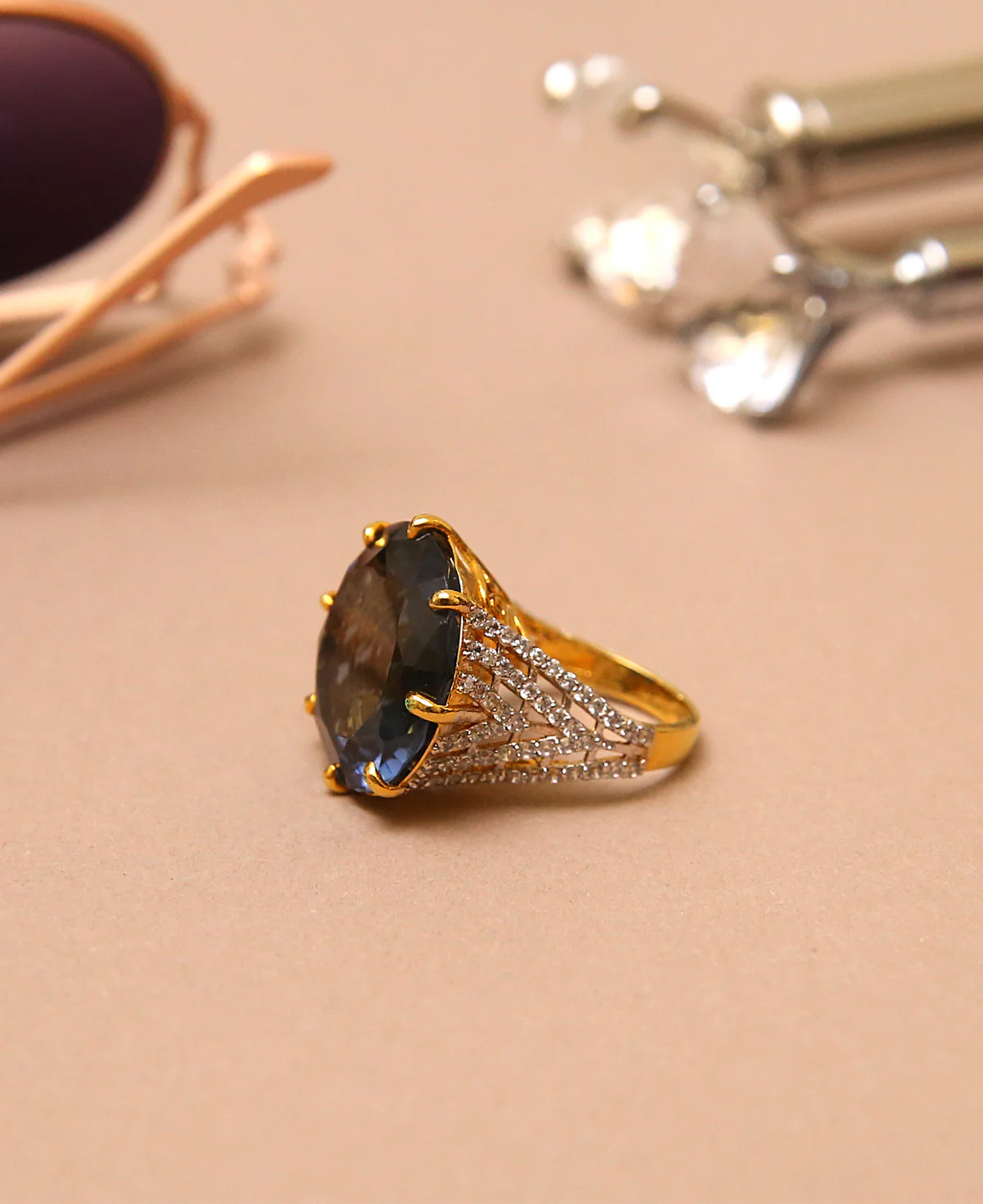 Jade Blue Ring Jade Blue Ring – Gold-Plated Sterling Silver Statement Ring with Jade Blue Gem & Clear Zircons - Image 1