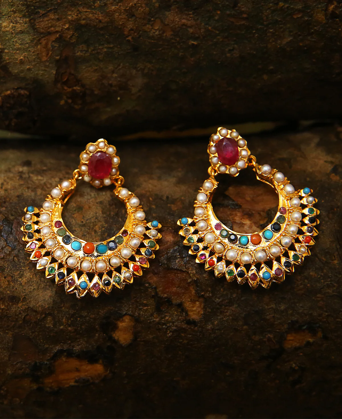 Naurattan Fan Bali Naurattan Fan Bali – Gold-Plated Sterling Silver Earrings with Real Rubies, Ferozas, Sapphires & Pearls | Big Jewellery - Image 1