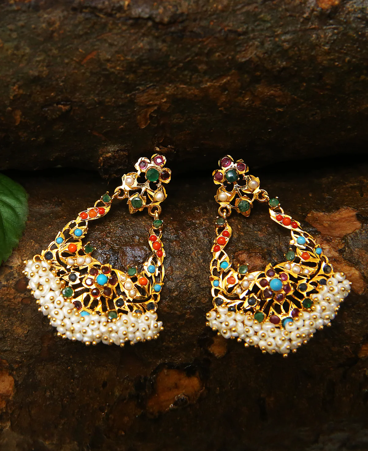 Naurattan Ghucha Bali Naurattan Ghucha Bali – Gold-Plated Sterling Silver Earrings with Real Rubies, Emeralds, Sapphires & Pearl Guchas - Image 1