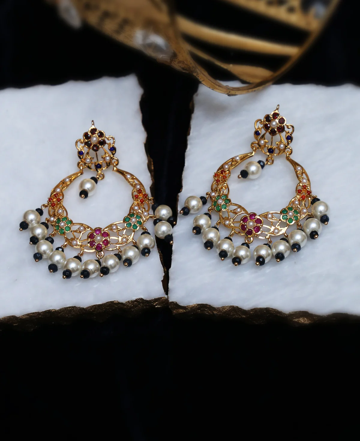 Naurattan Jhaal Bali Naurattan Jhaal Bali – Gold-Plated Sterling Silver Earrings with Real Rubies, Ferozas, Corals, and Pearls - Image 1