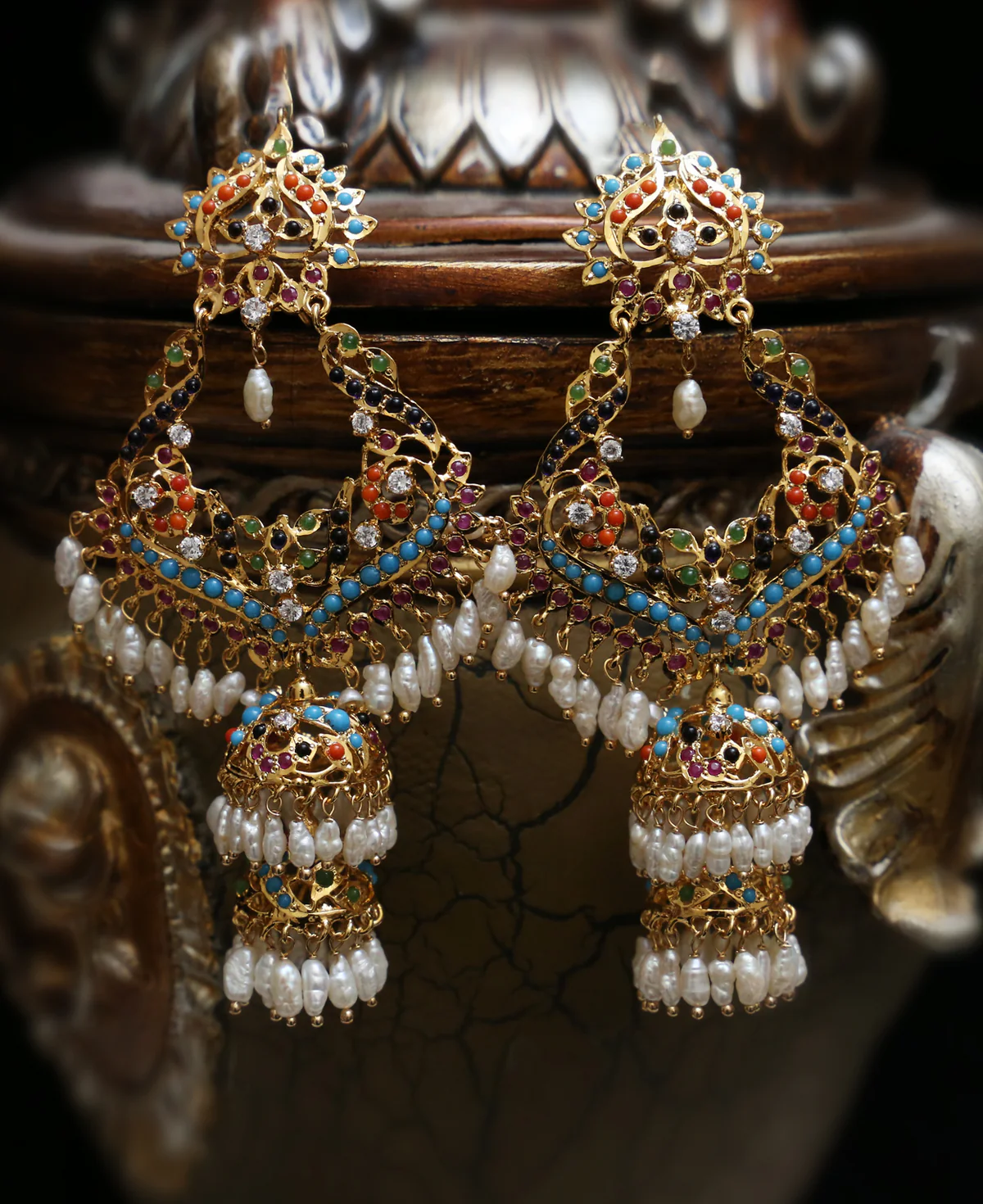 Nawabi Naurattan DD Bali Jhumka Nawabi Naurattan DD Bali Jhumka – Gold-Plated Sterling Silver Earrings with Cultured Naurattan Stones & Pearls - Image 1