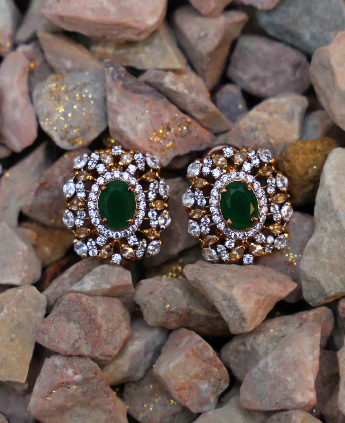 Onyx and the winter sun Onyx and The Winter Sun – Sterling Silver Stud Earrings with Green Onyx & Clear Zircons | Gold Plated | Big Jewellery - Image 1