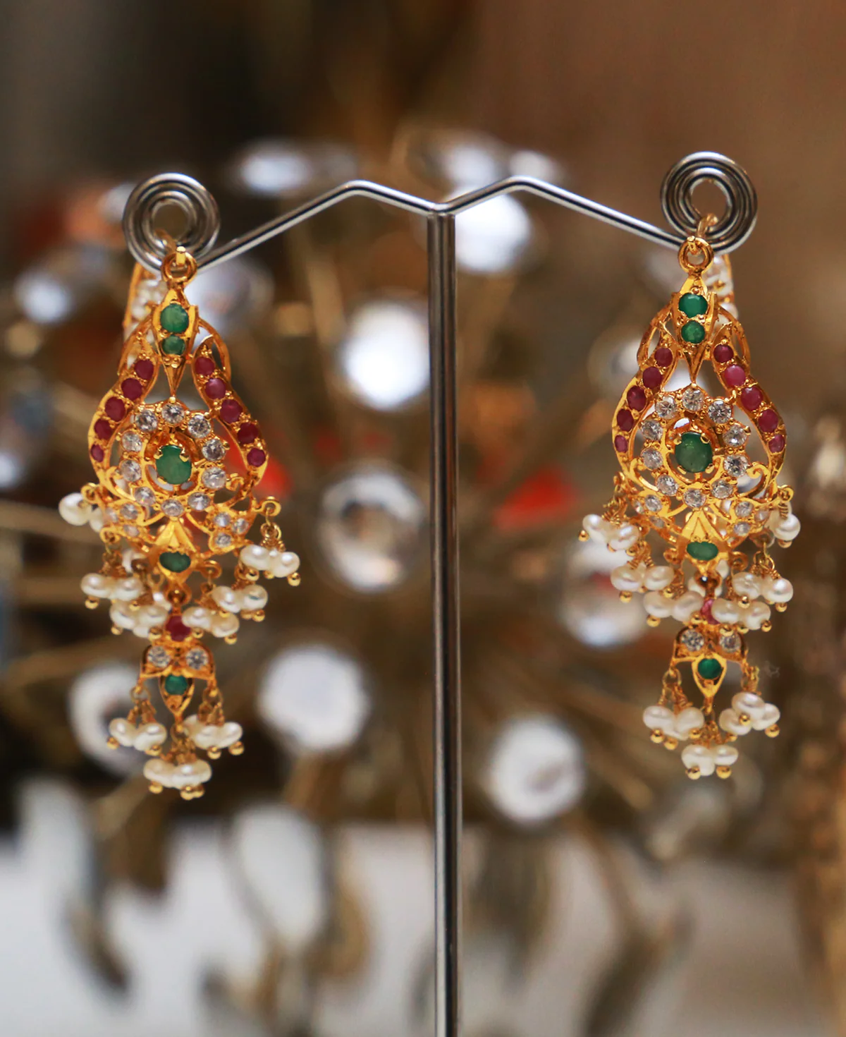Patta Bali Patta Bali – Gold-Plated Sterling Silver Earrings with Rubies, Emeralds, Zircons & Pearls - Image 1