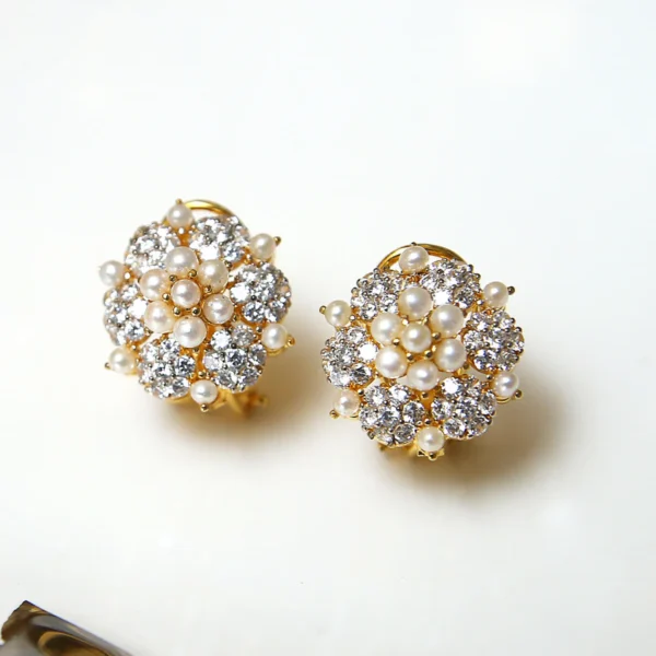 Pearl Zircon Flower Studs – Sterling Silver Gold-Plated Earrings with Cultured Pearls & Zircons | Big Jewellery
