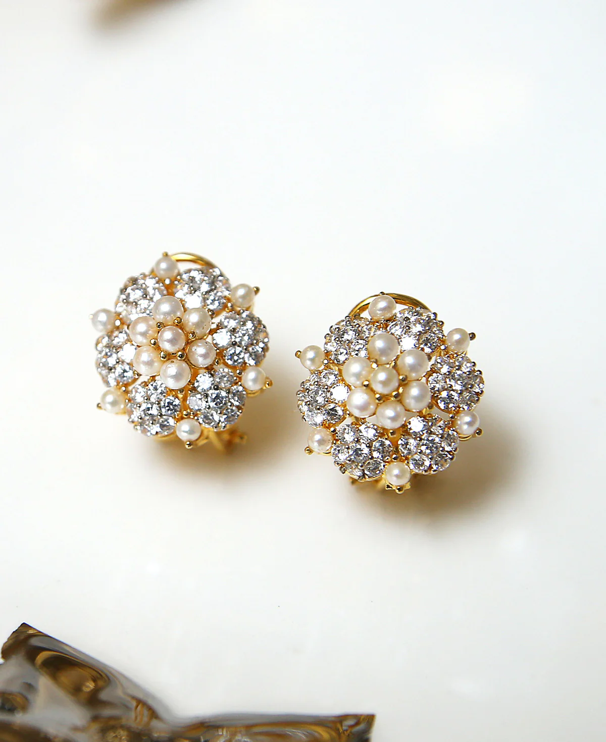 Pearl Zircon Flower Studs Pearl Zircon Flower Studs – Sterling Silver Gold-Plated Earrings with Cultured Pearls & Zircons | Big Jewellery - Image 1