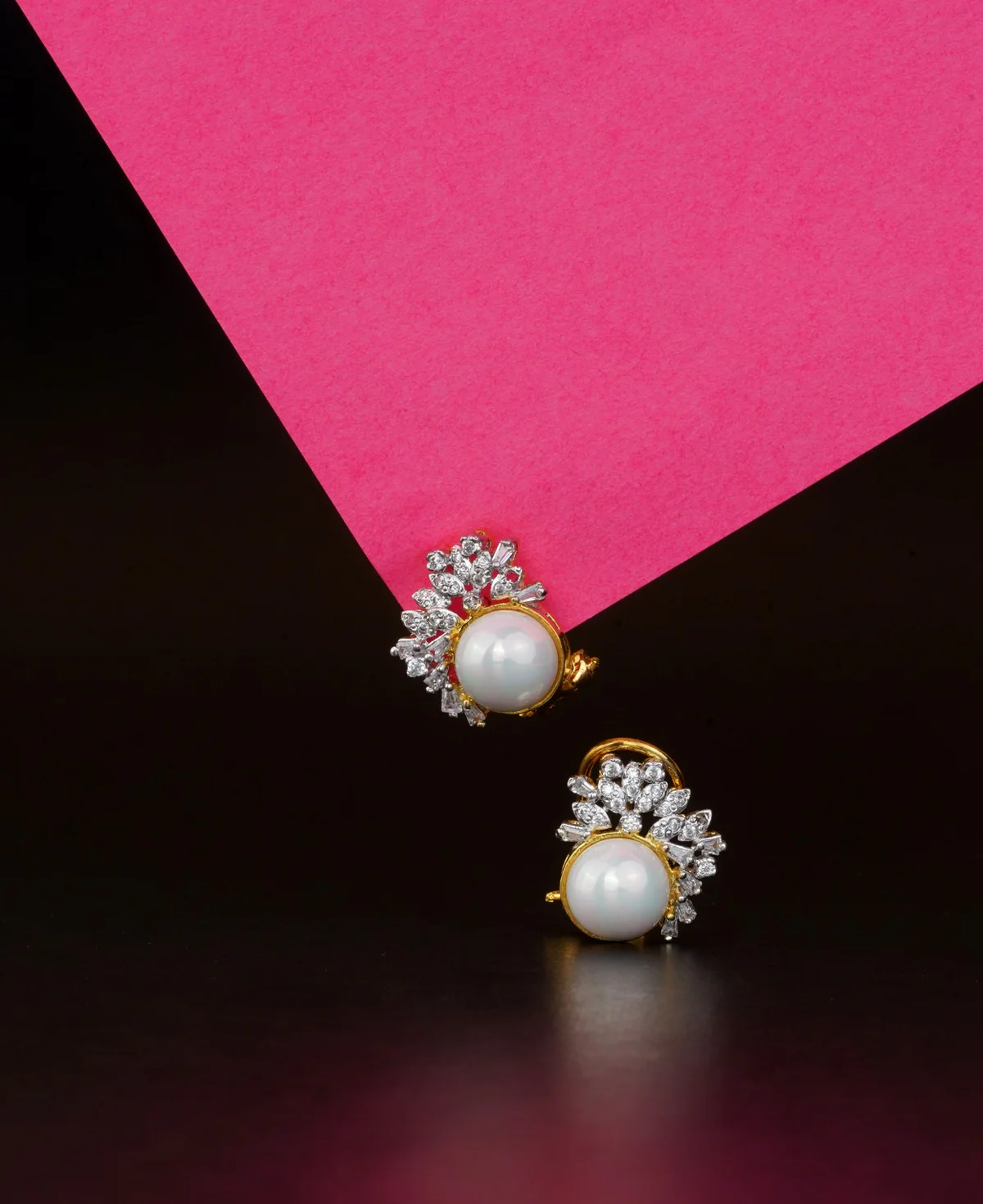 Pearl and Zircon Tops 2 Pearl and Zircon Tops 2 – Gold-Touched Rhodium-Plated Sterling Silver Earrings with Clear Zircons & Pearls - Image 1