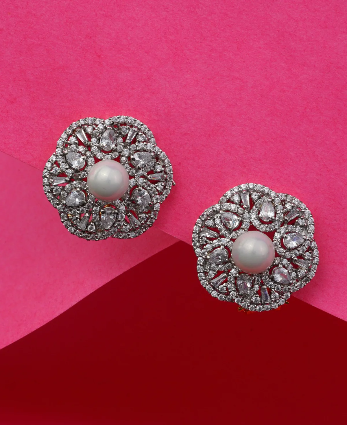 Pearl and Zircon Tops 3 Pearl and Zircon Tops 3 – Rhodium-Plated Sterling Silver Earrings with Clear Zircons & Pearls | Big Jewellery - Image 1