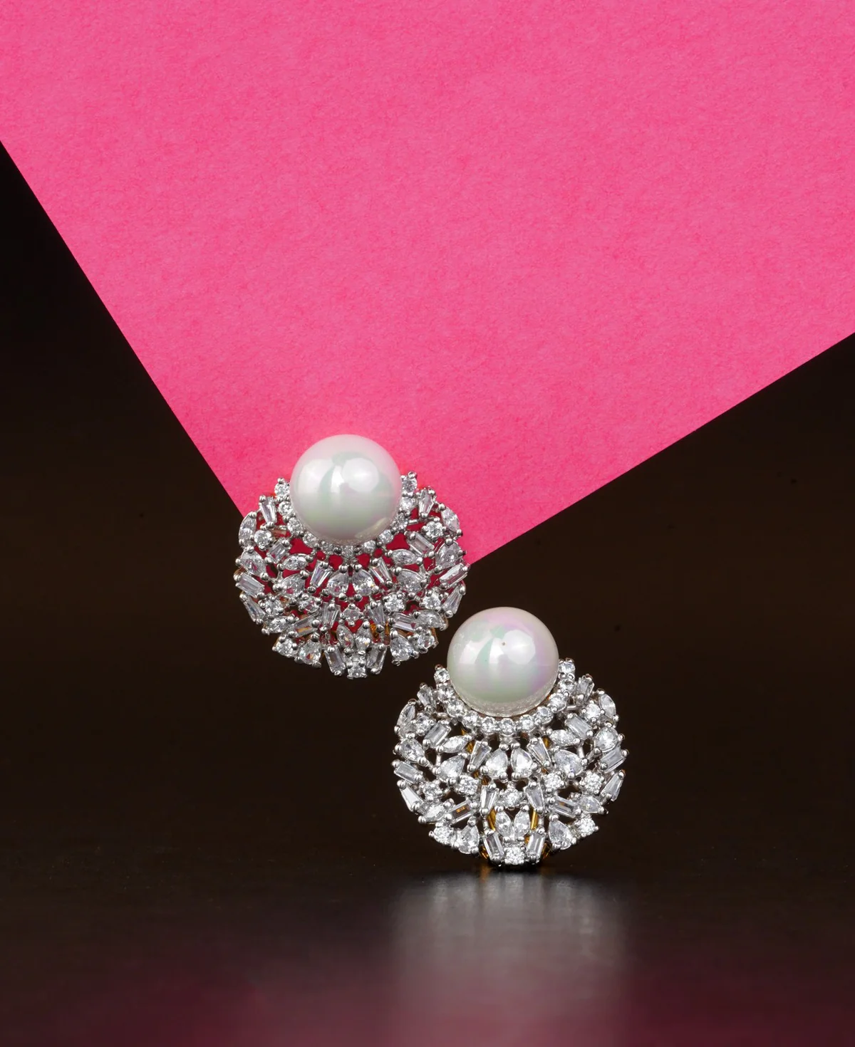 Pearl and Zircon Tops 4 Pearl and Zircon Tops 4 – Rhodium-Plated Sterling Silver Earrings with Clear Zircons & Pearls - Image 1