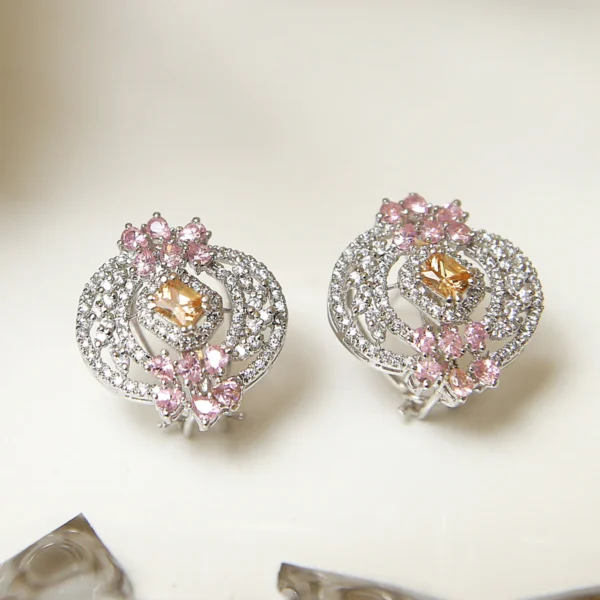 Pink Champagne Studs – Sterling Silver Earrings with Champagne & Pink Zircons | Rhodium Finish | Big Jewellery