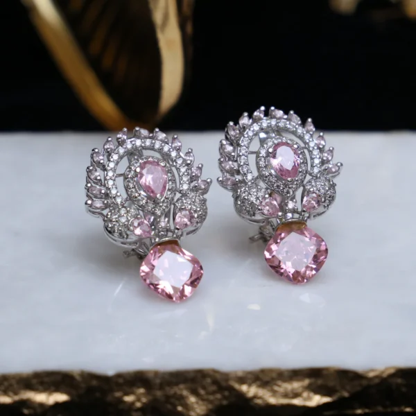 Pink Crystal Eve Wear Tops – Sterling Silver Earrings with Clear & Pink Zircons | Rhodium Plated | Big Jewellery