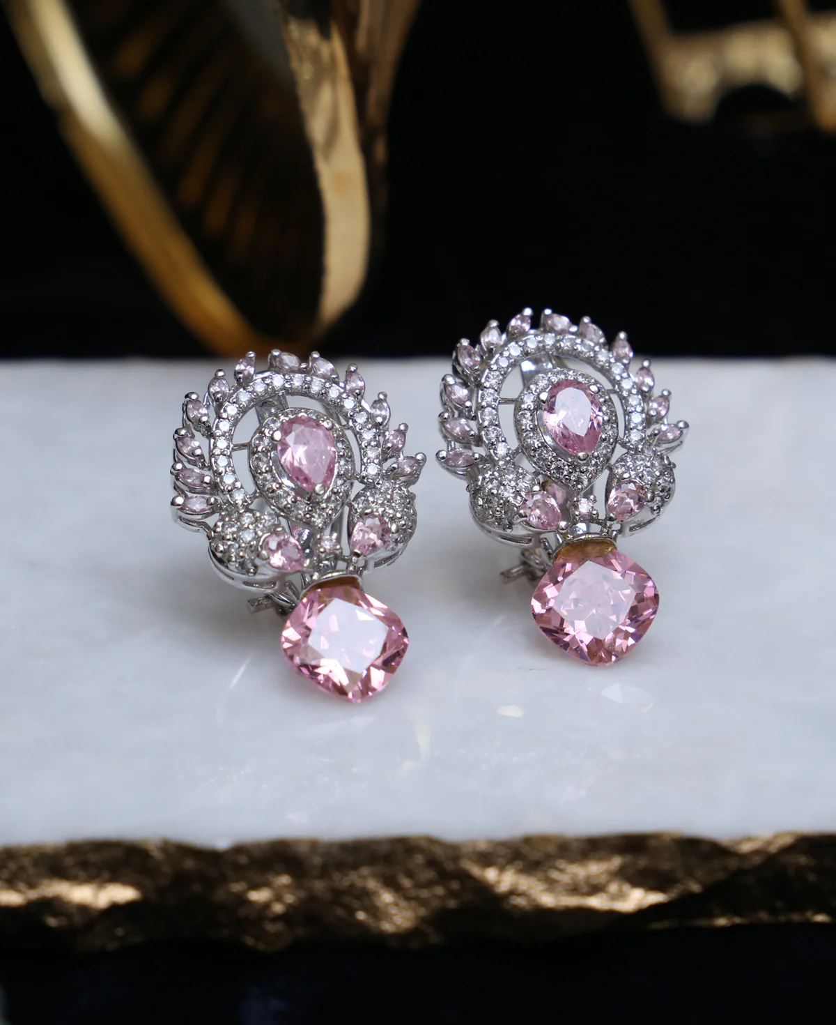Pink Crystal Eve Wear Tops Pink Crystal Eve Wear Tops – Sterling Silver Earrings with Clear & Pink Zircons | Rhodium Plated | Big Jewellery - Image 1