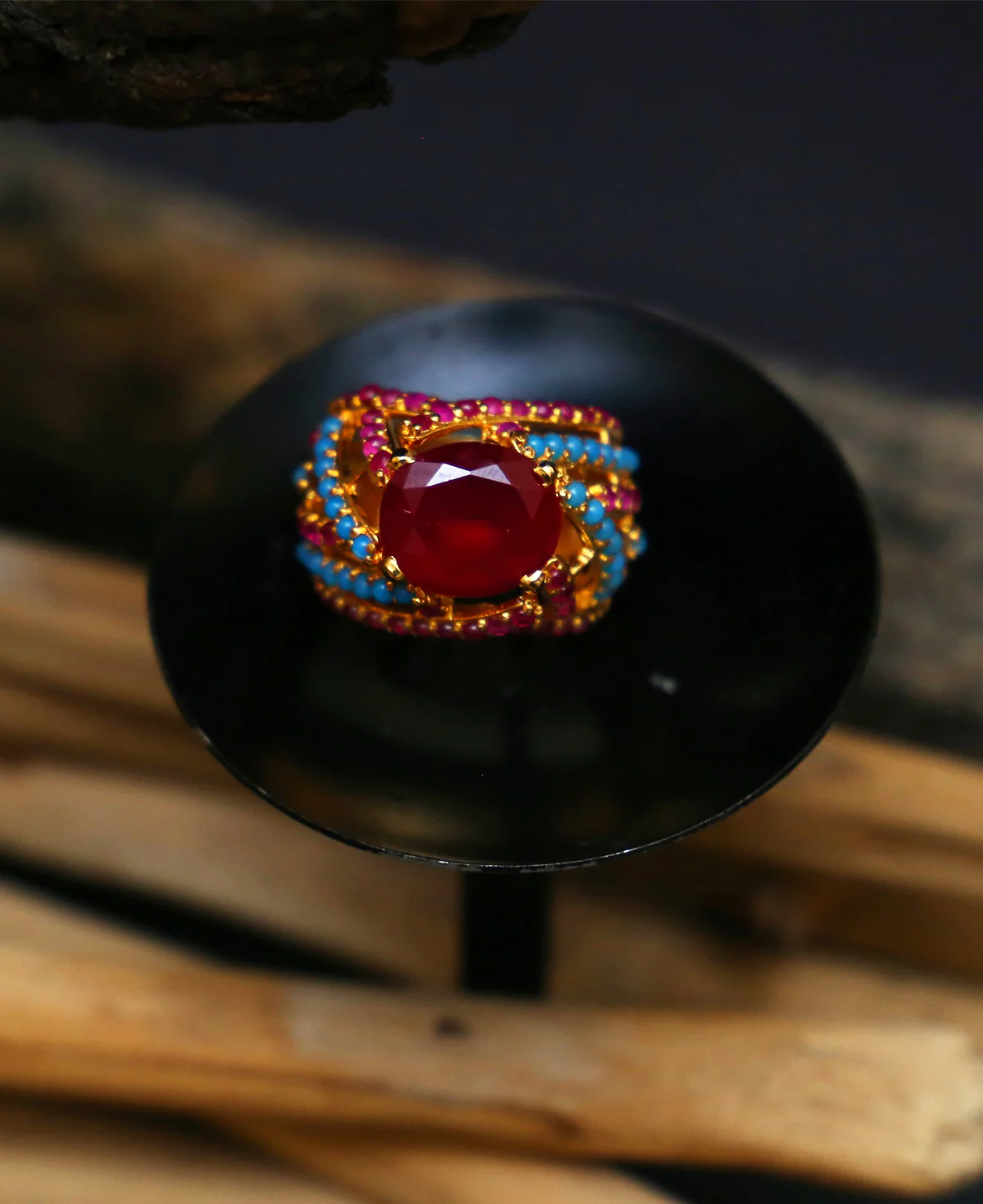 RF Vintage Ring RF Vintage Ring – Sterling Silver Gold-Plated Ruby & Feroza Statement Ring - Image 1