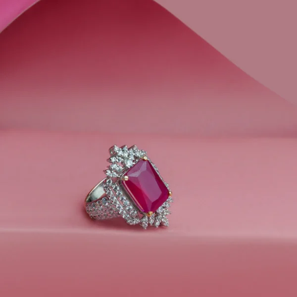 Ruby Chunky Baguette Ring – Sterling Silver Rhodium-Plated Statement Ring with Treated Ruby & Clear Zircons