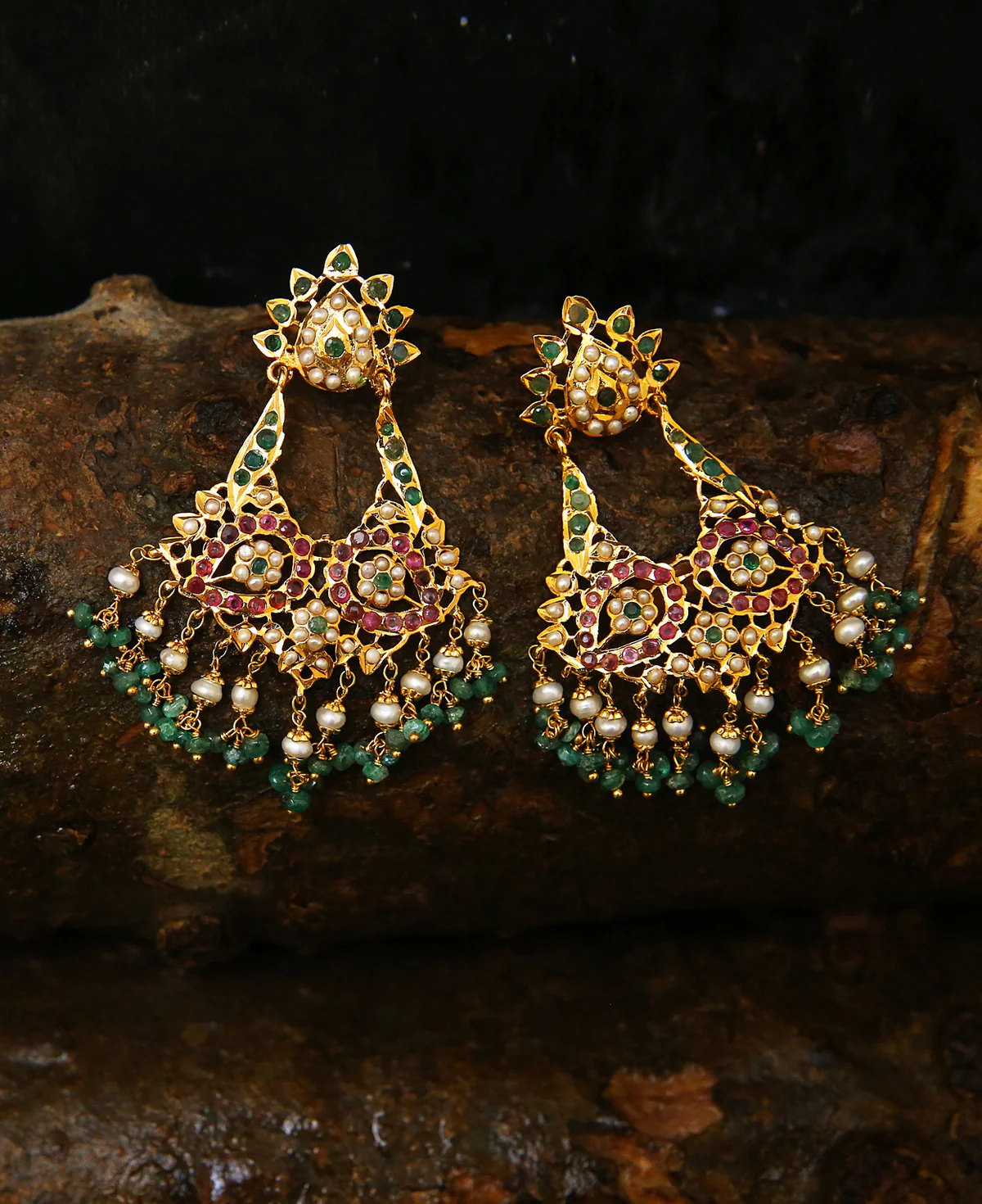 Ruby Emerald Pearl Eye Bali Ruby Emerald Pearl Eye Bali – Gold-Plated Sterling Silver Earrings with Rubies, Emeralds & Pearls - Image 1