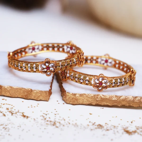 Ruby Flower with Filigree Kara – Handcrafted Sterling Silver Bangles with Treated Rubies & Gold Plated Floral Filigree Design