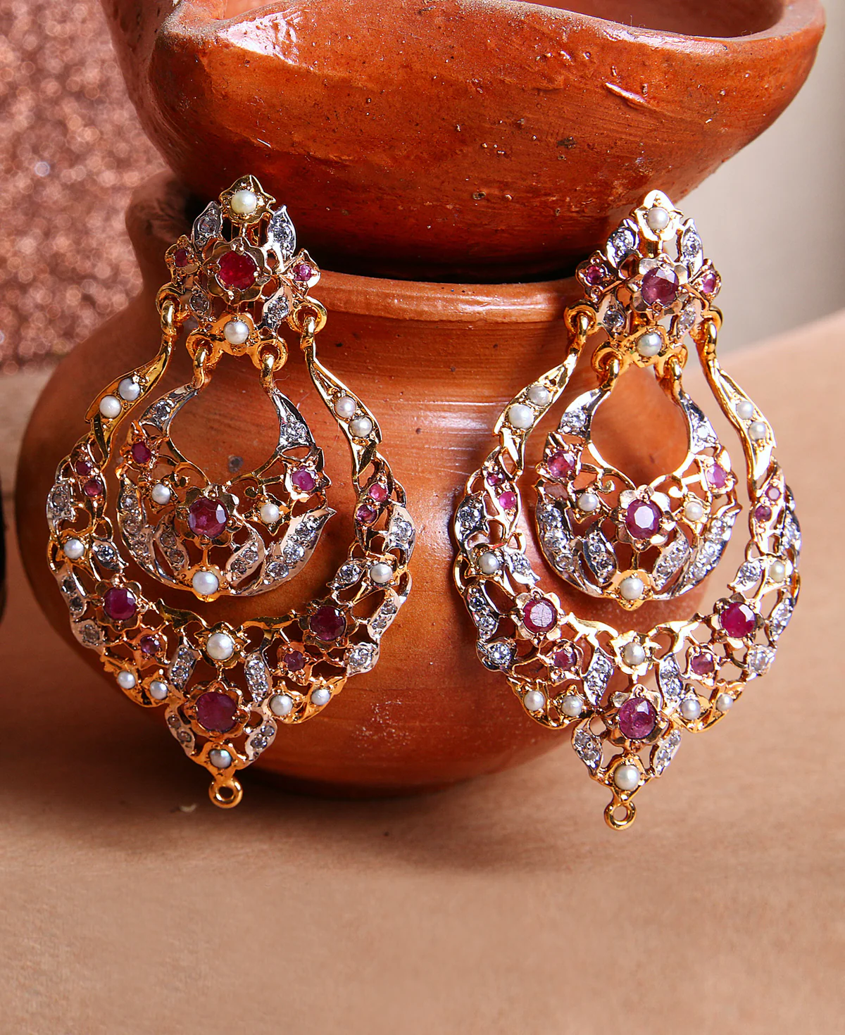 Ruby Intricate Hyderabadi Balis Ruby Intricate Hyderabadi Balis – Gold-Plated Sterling Silver Earrings with Rubies & Semi-Precious Pearls - Image 1