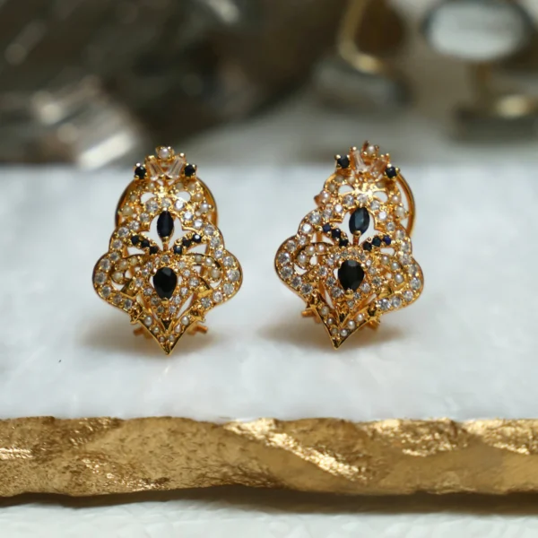 Sapphire and Gold Tops – Sterling Silver Earrings with Clear Zircons & Blue Sapphires | Gold Plated | Big Jewellery