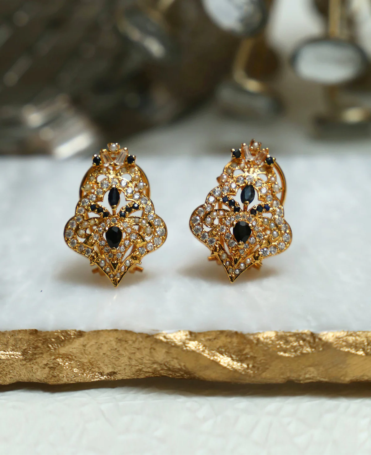 Sapphire and Gold Tops Sapphire and Gold Tops – Sterling Silver Earrings with Clear Zircons & Blue Sapphires | Gold Plated | Big Jewellery - Image 1