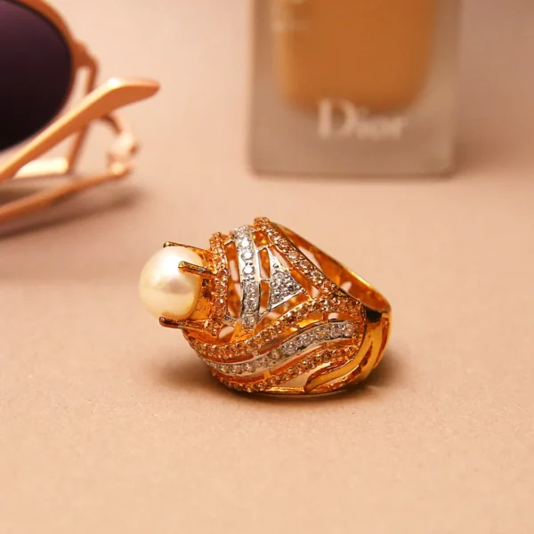 Shell Pearl Centred Ring – Gold-Plated Sterling Silver Ring with Shell Pearl & Champagne Zircons