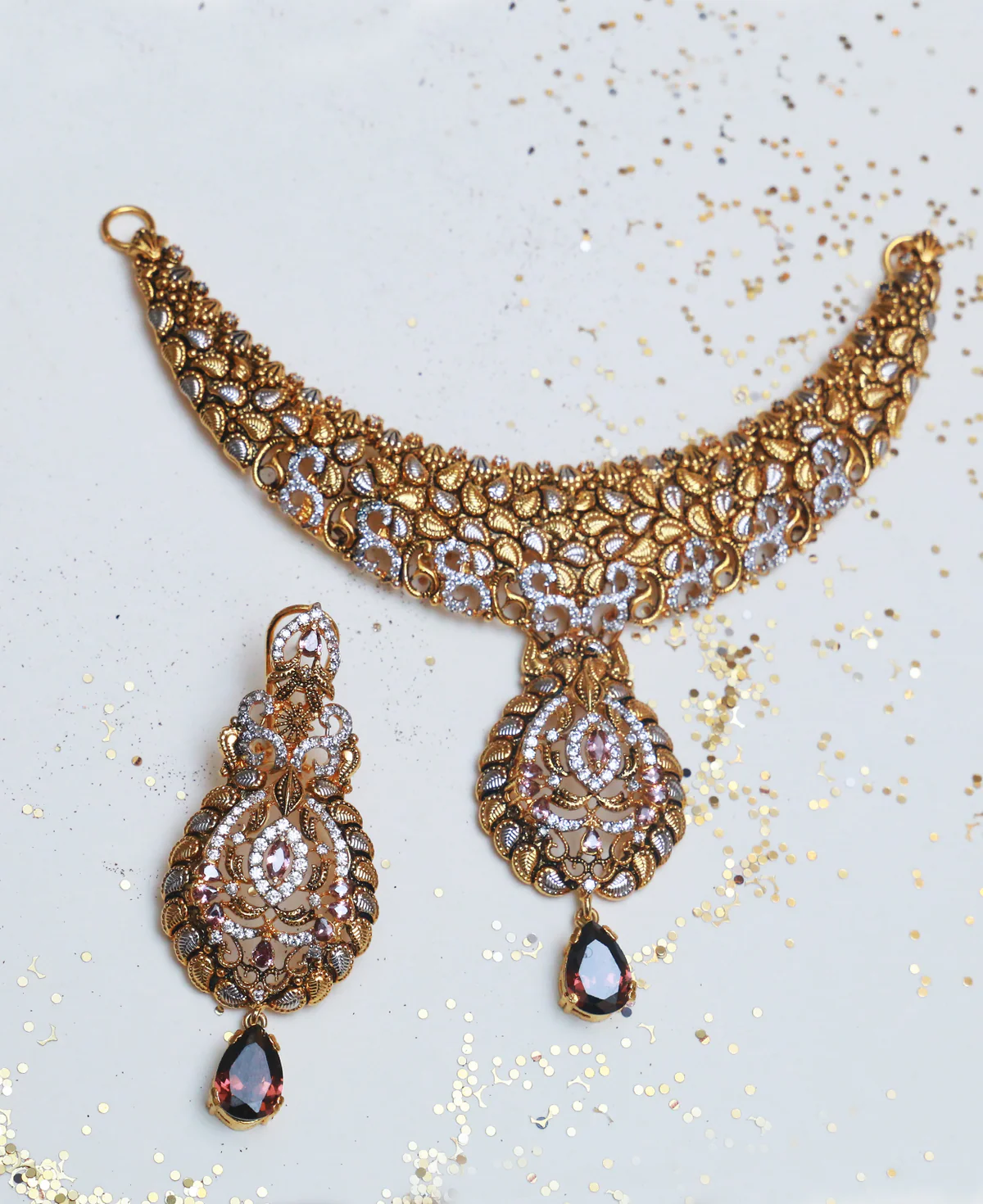 The Intricate Gold Set The Intricate Gold Set – Sterling Silver Antique Necklace with Clear & Coffee Zircons - Image 1
