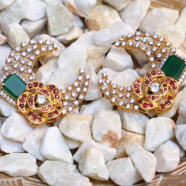 Tri Colored Kaan Tops – Sterling Silver Earrings with Green Onyx, Treated Rubies & Clear Zircons | Dual Finish Gold & Rhodium Polish | Big Jewellery