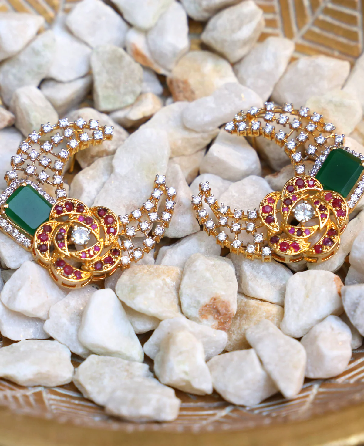 Tri Colored Kaan tops Tri Colored Kaan Tops – Sterling Silver Earrings with Green Onyx, Treated Rubies & Clear Zircons | Dual Finish Gold & Rhodium Polish | Big Jewellery - Image 1