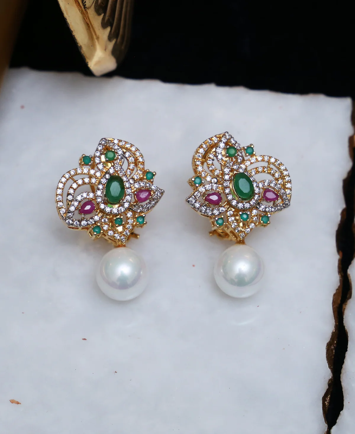 Tri Colored Smart Tops Tri Colored Smart Tops – Sterling Silver Earrings with Rubies, Jadeites, Zircons & Shell Pearl Drop | Dual Finish Gold & Rhodium Polish | Big Jewellery - Image 1