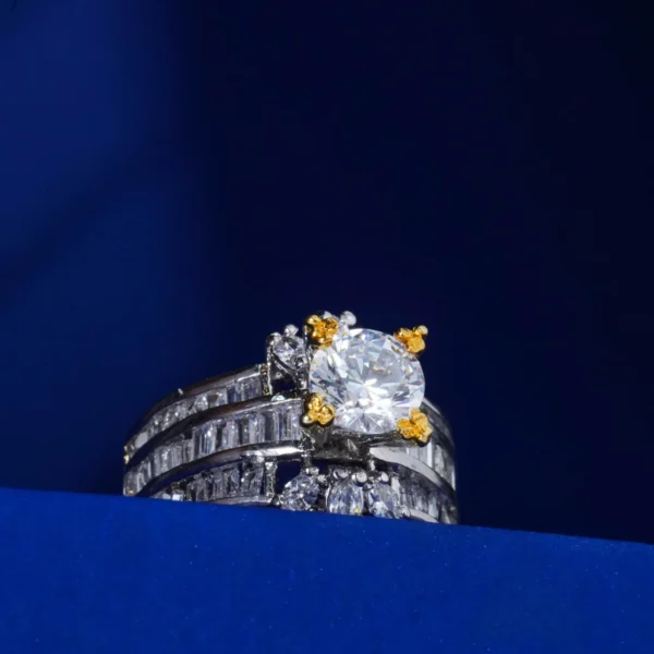 White Zircon Solitaire Ring 12 – Sterling Silver Rhodium-Plated Dual Band with Gold-Touched Prongs