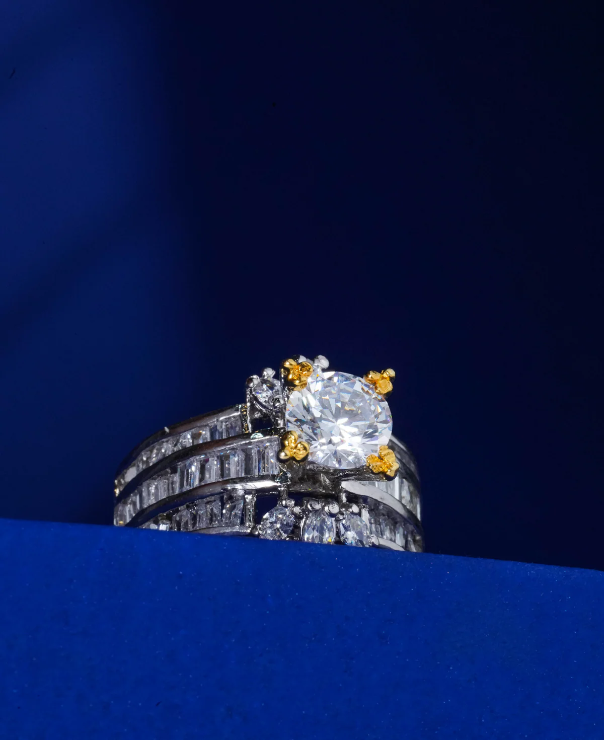 WT Solitiare Ring 12 White Zircon Solitaire Ring 12 – Sterling Silver Rhodium-Plated Dual Band with Gold-Touched Prongs - Image 1