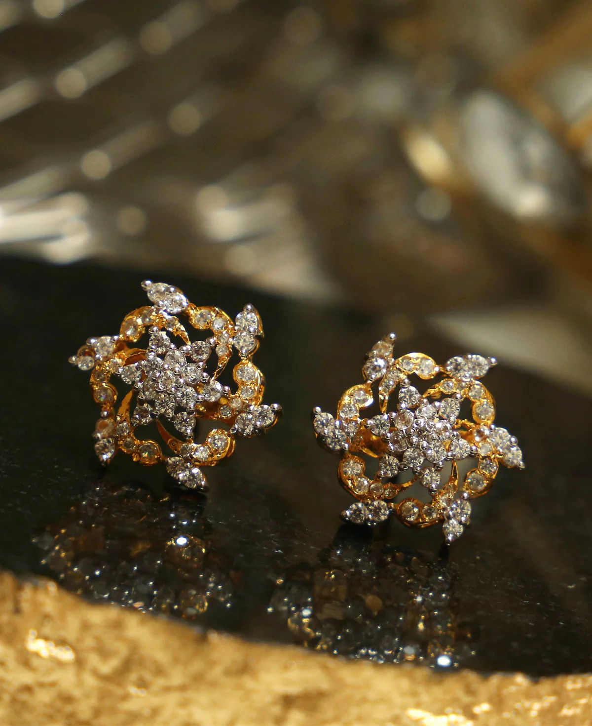 Zircon Flower Tops Zircon Flower Tops – Sterling Silver Earrings with Clear Zircons | Dual-Tone Gold & Rhodium Finish | Big Jewellery - Image 1