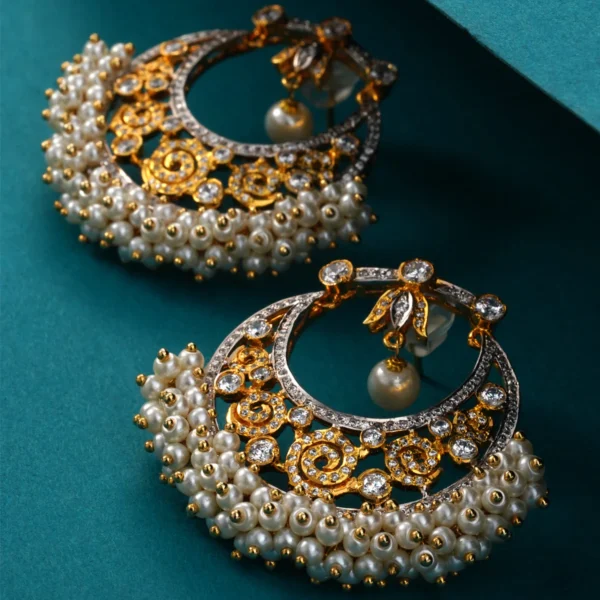 Zircon Gucha Strung Bali – Gold-Plated Sterling Silver Earrings with Clear Zircons & Cultured Pearls