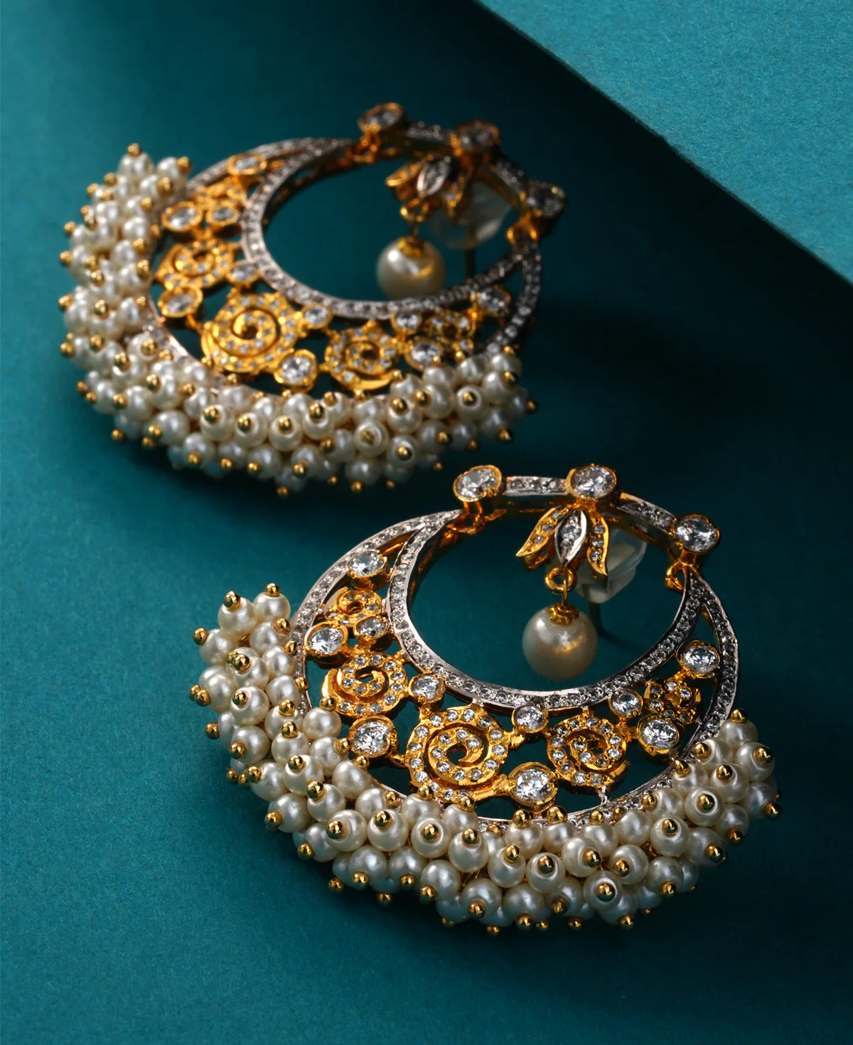 Zircon Gucha Strung Bali Zircon Gucha Strung Bali – Gold-Plated Sterling Silver Earrings with Clear Zircons & Cultured Pearls - Image 1