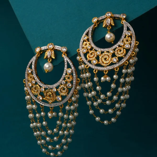 Zircon Lari Strung Bali – Gold-Plated Sterling Silver Earrings with Clear Zircons & Cultured Pearl Laris