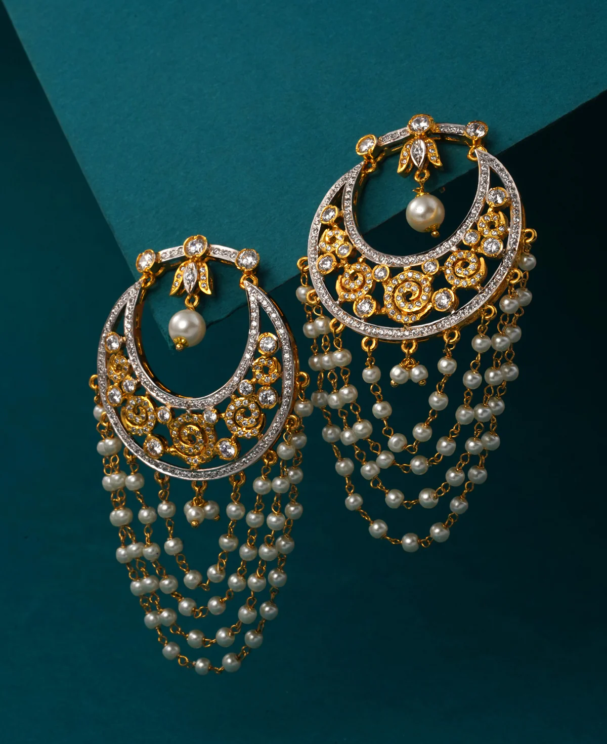 Zircon Lari Strung Bali Zircon Lari Strung Bali – Gold-Plated Sterling Silver Earrings with Clear Zircons & Cultured Pearl Laris - Image 1